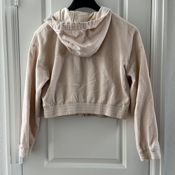 Hollister Womens Hooded Cropped Zip-Up Jacket M Beige & White - Picture 2 of 7